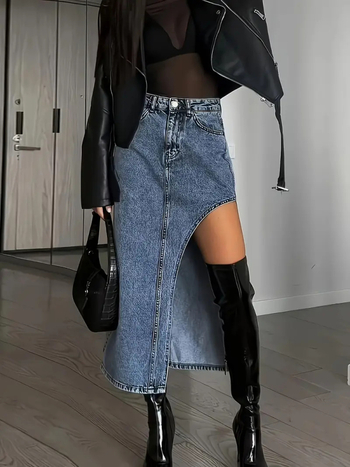 Denim midi suknja s visokim strukom i elastičnim bočnim zakrivljenim otvorom, srednja gustoća, mješavina pamuka i poliester 50–70%