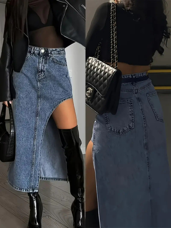Denim midi suknja s visokim strukom i elastičnim bočnim zakrivljenim otvorom, srednja gustoća, mješavina pamuka i poliester 50–70%