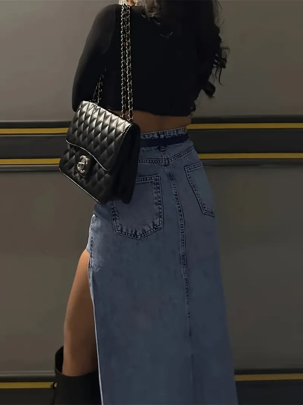 Denim midi suknja s visokim strukom i elastičnim bočnim zakrivljenim otvorom, srednja gustoća, mješavina pamuka i poliester 50–70%