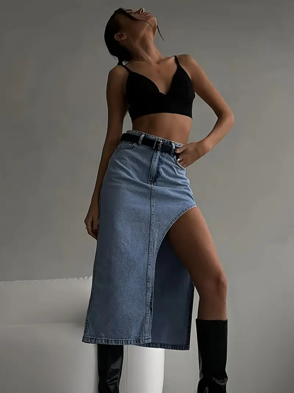 Denim midi suknja s visokim strukom i elastičnim bočnim zakrivljenim otvorom, srednja gustoća, mješavina pamuka i poliester 50–70%