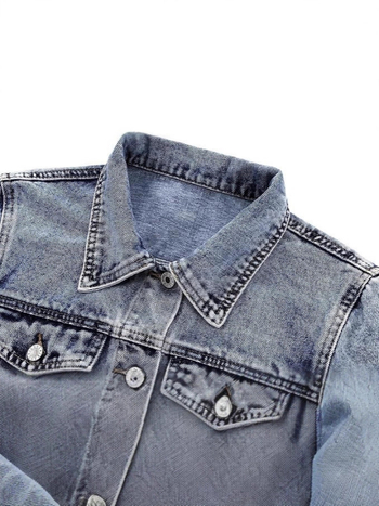 Дамско късо дънково яке с флорален принт, тясно прилепване, яка с лацкан, дълги ръкави