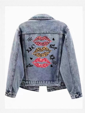 Дамско късо дънково яке с флорален принт, тясно прилепване, яка с лацкан, дълги ръкави