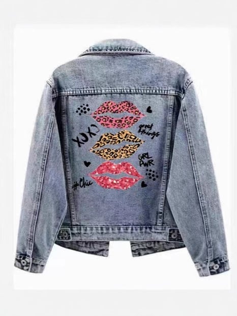 Дамско късо дънково яке с флорален принт, тясно прилепване, яка с лацкан, дълги ръкави