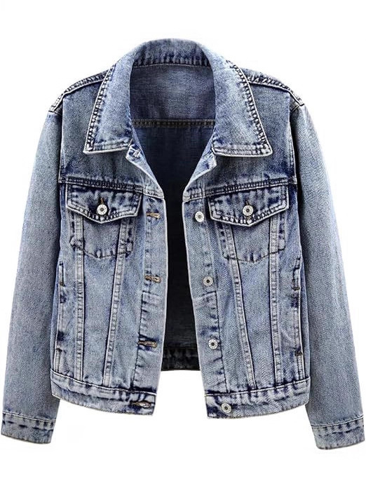 Дамско късо дънково яке с флорален принт, тясно прилепване, яка с лацкан, дълги ръкави