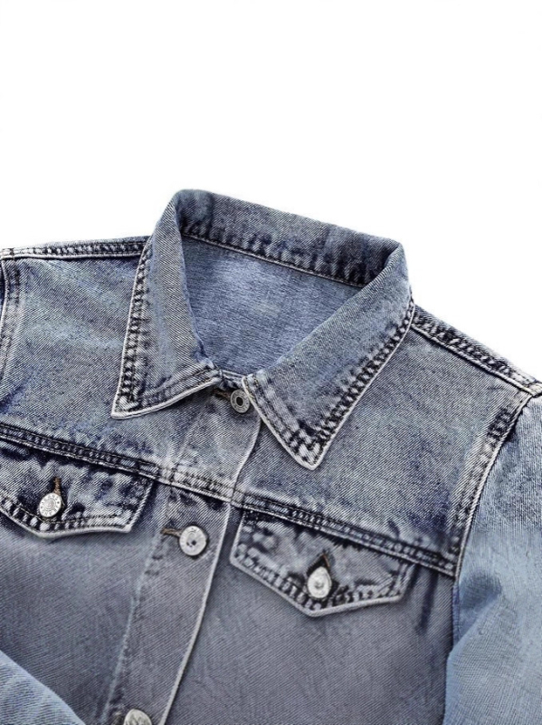 Дамско късо дънково яке с флорален принт, тясно прилепване, яка с лацкан, дълги ръкави