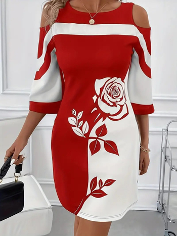 Dva dijela seta haljine s printom, okrugli izrez, midi duljina suknje, rukavi 3/4, elegantan stil
