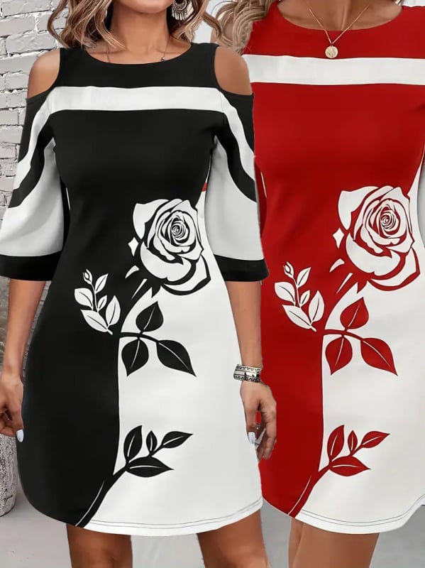Dva dijela seta haljine s printom, okrugli izrez, midi duljina suknje, rukavi 3/4, elegantan stil