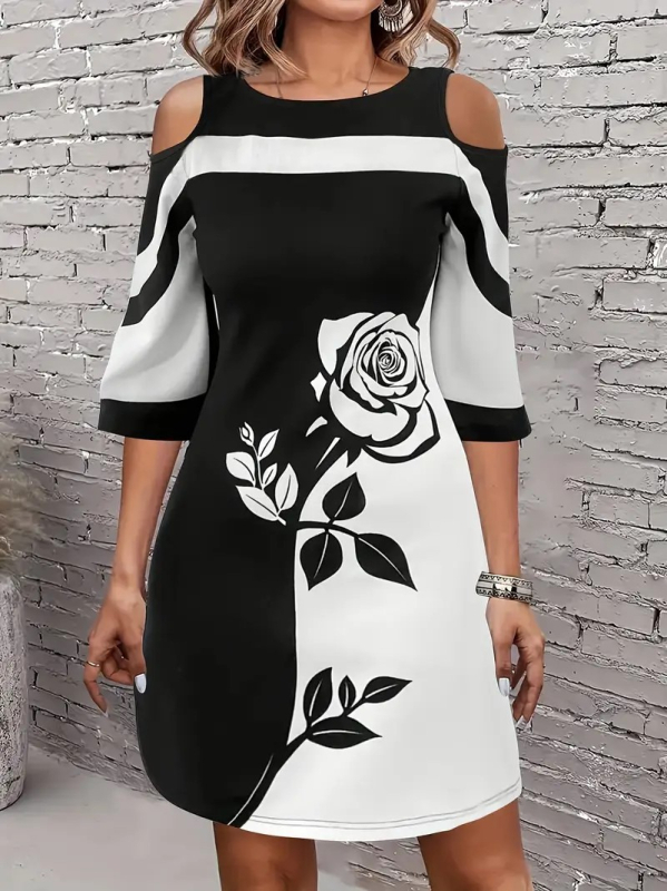 Dva dijela seta haljine s printom, okrugli izrez, midi duljina suknje, rukavi 3/4, elegantan stil