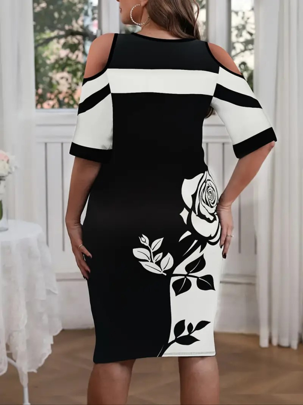 Dva dijela seta haljine s printom, okrugli izrez, midi duljina suknje, rukavi 3/4, elegantan stil