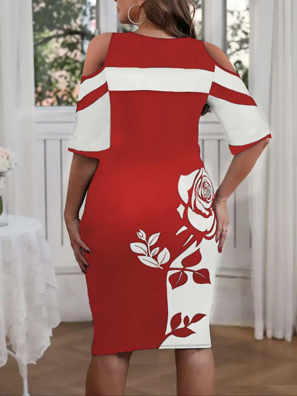 Dva dijela seta haljine s printom, okrugli izrez, midi duljina suknje, rukavi 3/4, elegantan stil