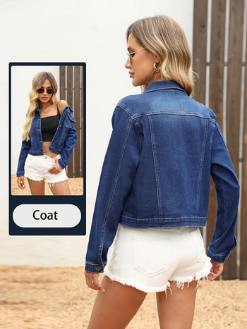 Дамско елегантно тясно дънково яке с дълъг ръкав и яка с ревера, 95% памук, пролет 2025