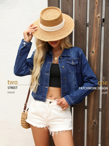 Дамско елегантно тясно дънково яке с дълъг ръкав и яка с ревера, 95% памук, пролет 2025