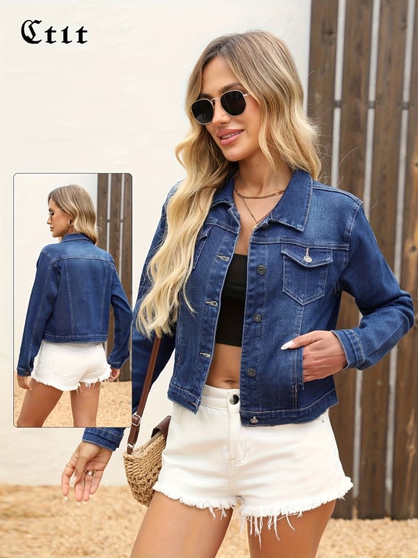 Дамско елегантно тясно дънково яке с дълъг ръкав и яка с ревера, 95% памук, пролет 2025