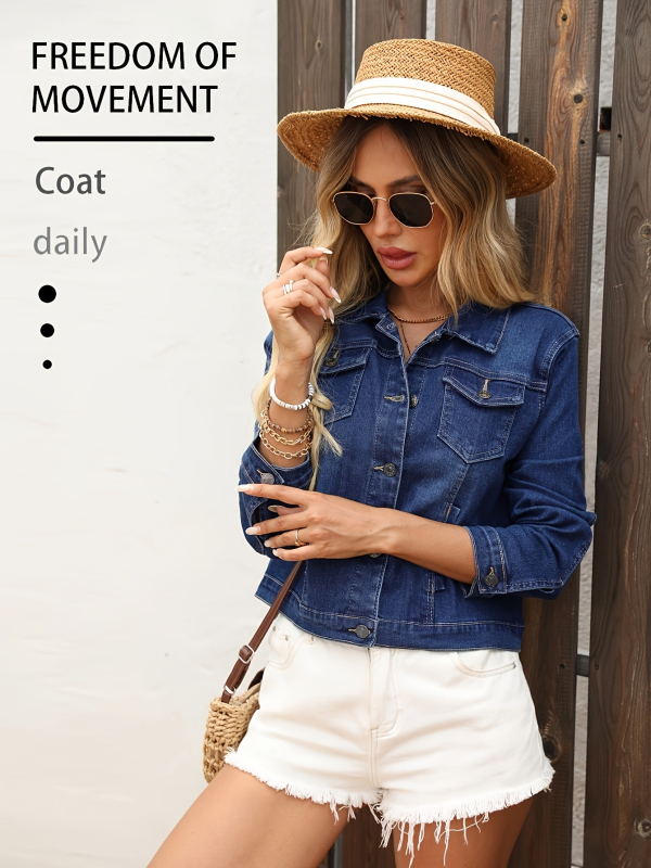 Дамско елегантно тясно дънково яке с дълъг ръкав и яка с ревера, 95% памук, пролет 2025