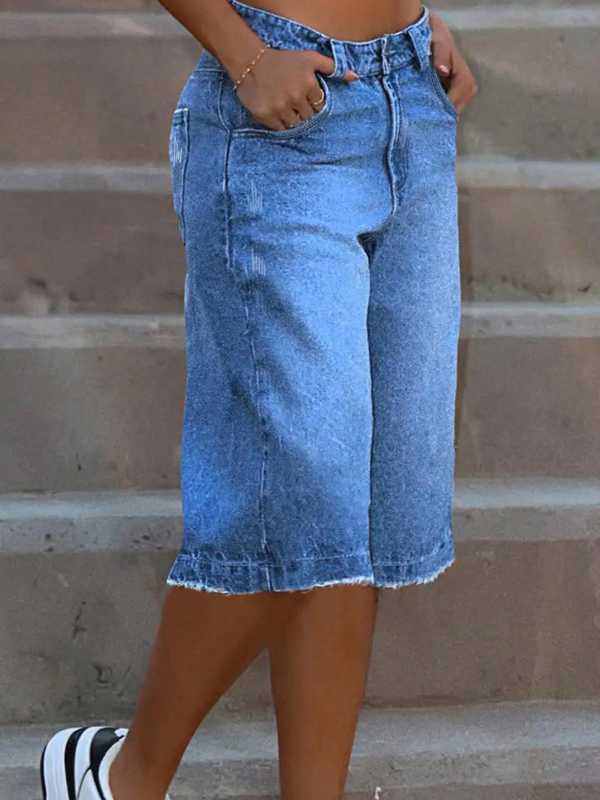 Unisex denim keskmise pikkusega lühikesed püksid, sirge lõige, keskmine talje, 50-70% puuvillast koos polüestriga, kulunud äär, jaapani-korea vaba stiil