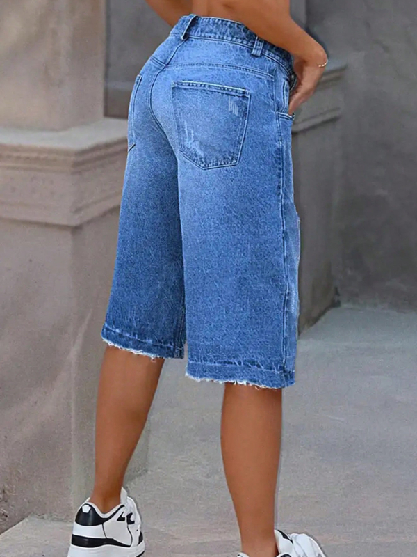 Unisex denim keskmise pikkusega lühikesed püksid, sirge lõige, keskmine talje, 50-70% puuvillast koos polüestriga, kulunud äär, jaapani-korea vaba stiil