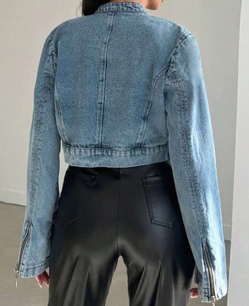 Női denim dzseki cipzárral, A-vonalú, ujjatlan, álló gallér, poliészter-spandex anyag