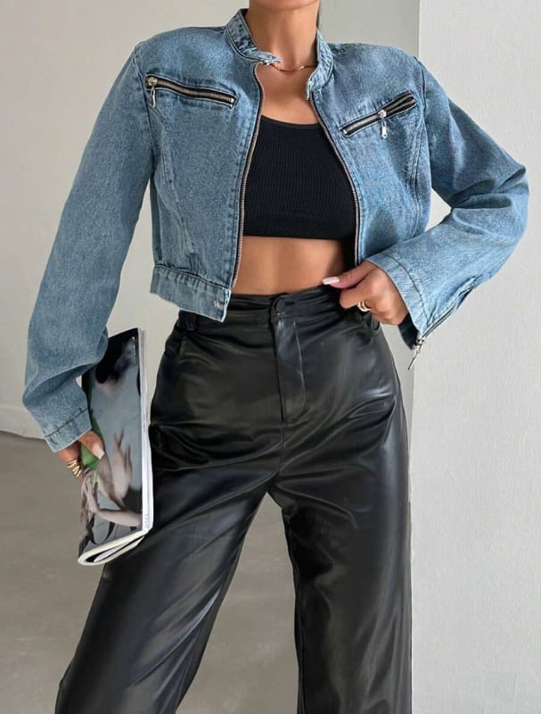 Női denim dzseki cipzárral, A-vonalú, ujjatlan, álló gallér, poliészter-spandex anyag