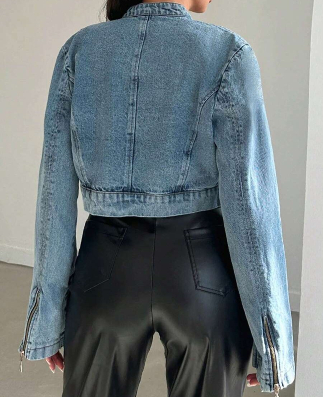 Női denim dzseki cipzárral, A-vonalú, ujjatlan, álló gallér, poliészter-spandex anyag