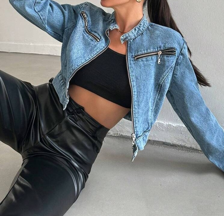 Női denim dzseki cipzárral, A-vonalú, ujjatlan, álló gallér, poliészter-spandex anyag