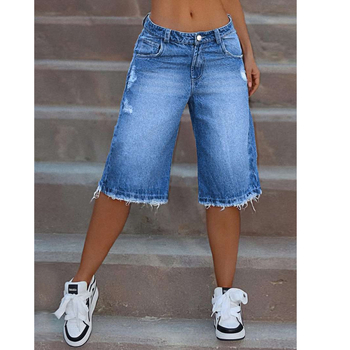 Ženske traper kratke hlače s poderanim rubovima, isprani denim, ultra niski struk, Capri duljina