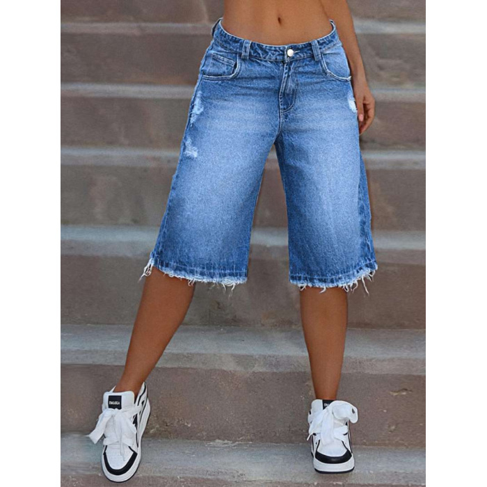 Ženske traper kratke hlače s poderanim rubovima, isprani denim, ultra niski struk, Capri duljina