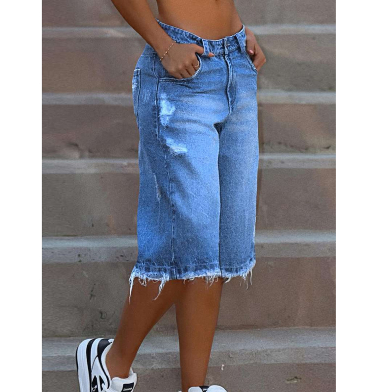Ženske traper kratke hlače s poderanim rubovima, isprani denim, ultra niski struk, Capri duljina