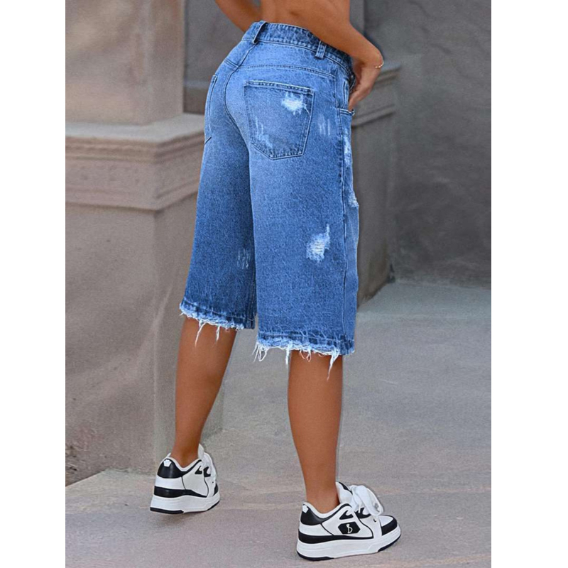 Ženske traper kratke hlače s poderanim rubovima, isprani denim, ultra niski struk, Capri duljina