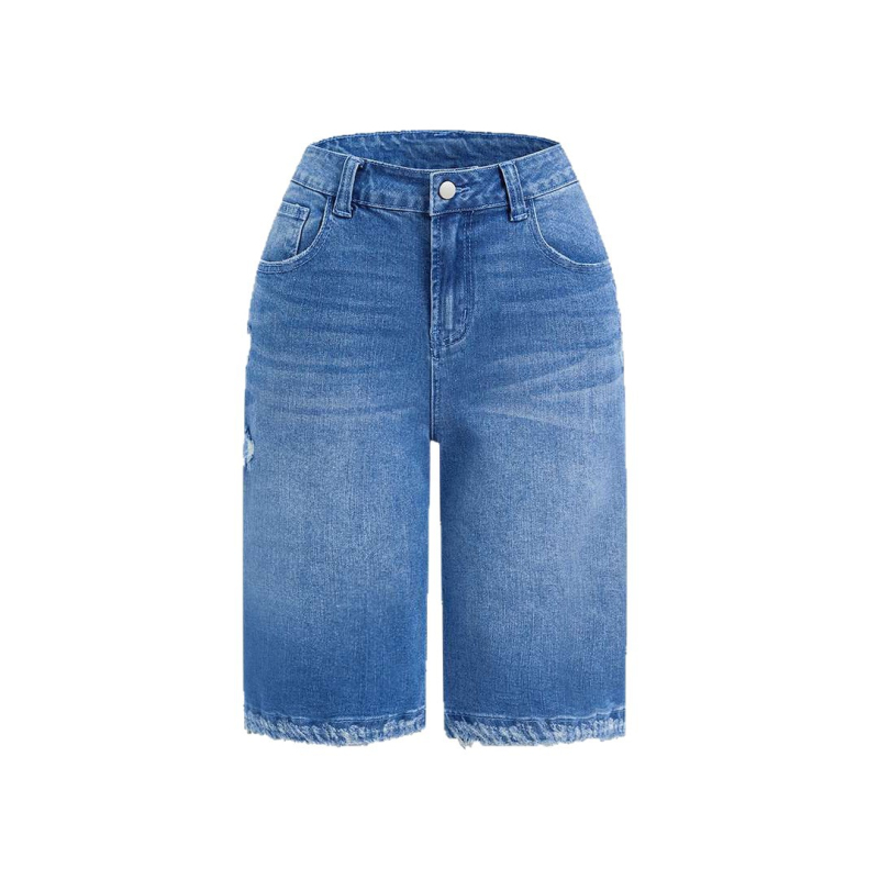 Ženske traper kratke hlače s poderanim rubovima, isprani denim, ultra niski struk, Capri duljina