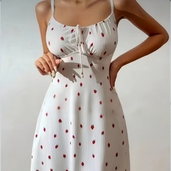 Haljina-slip s printom jagoda, poliester, V-izrez, bez rukava, srednje duljine