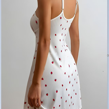 Haljina-slip s printom jagoda, poliester, V-izrez, bez rukava, srednje duljine