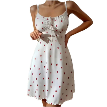 Haljina-slip s printom jagoda, poliester, V-izrez, bez rukava, srednje duljine
