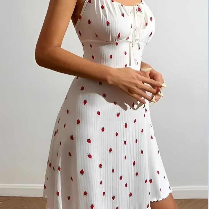 Haljina-slip s printom jagoda, poliester, V-izrez, bez rukava, srednje duljine