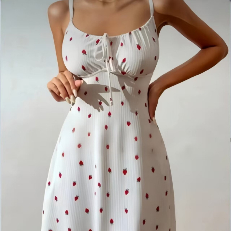 Haljina-slip s printom jagoda, poliester, V-izrez, bez rukava, srednje duljine