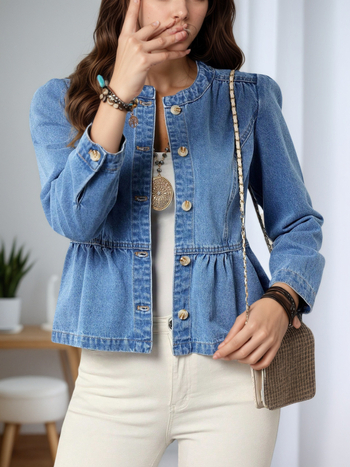 Дънково яке-риза с дълги ръкави, кръгла яка и рюшовиден подгъв