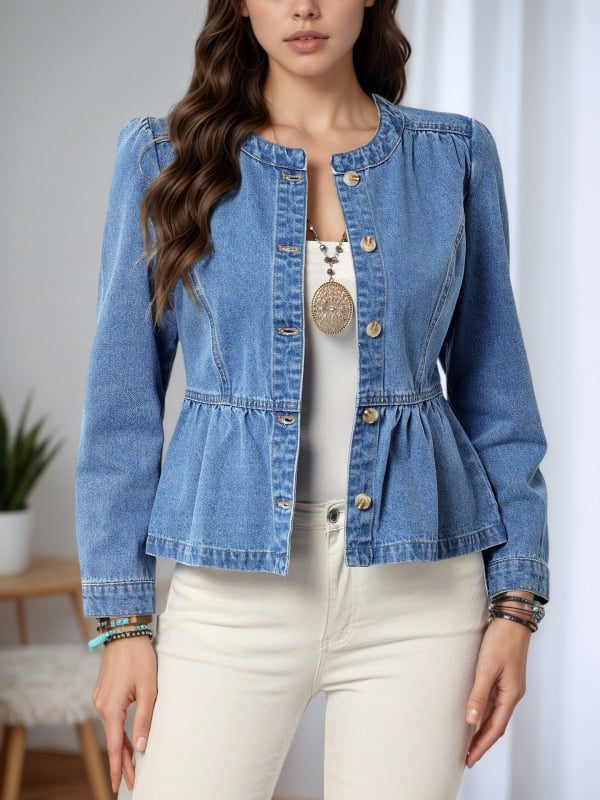 Дънково яке-риза с дълги ръкави, кръгла яка и рюшовиден подгъв