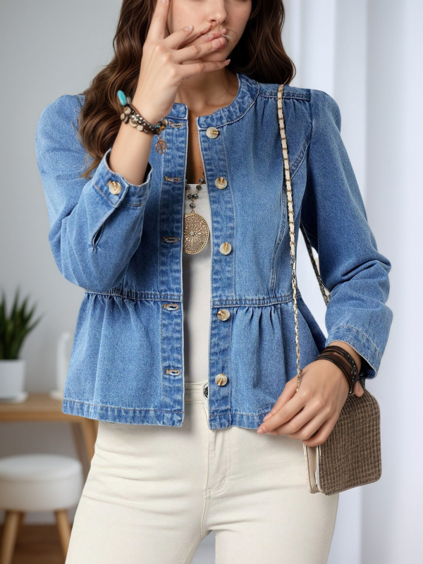 Дънково яке-риза с дълги ръкави, кръгла яка и рюшовиден подгъв