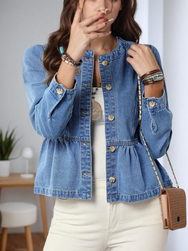 Дънково яке-риза с дълги ръкави, кръгла яка и рюшовиден подгъв