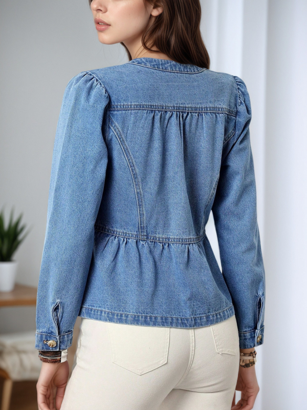 Дънково яке-риза с дълги ръкави, кръгла яка и рюшовиден подгъв