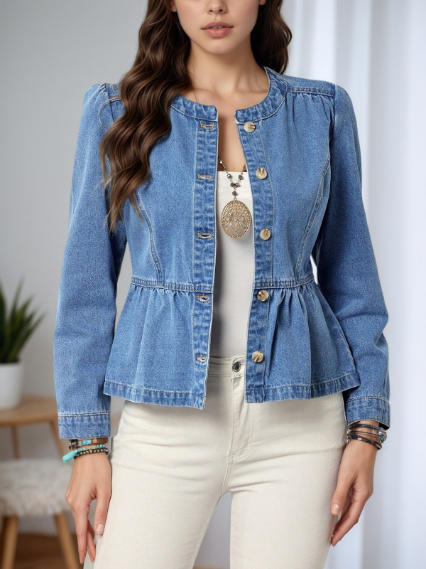 Дънково яке-риза с дълги ръкави, кръгла яка и рюшовиден подгъв