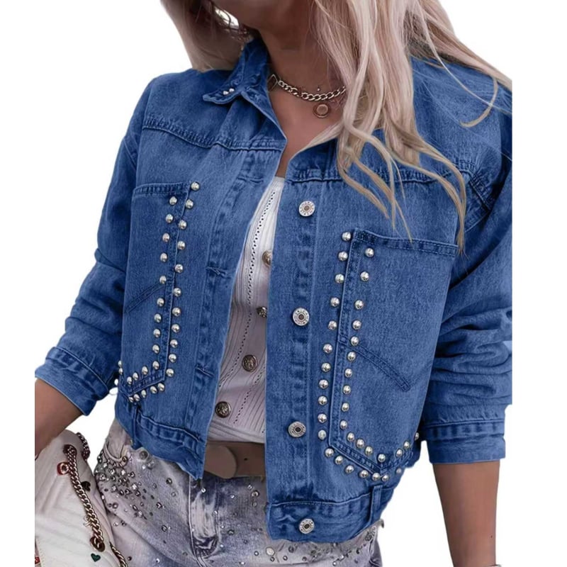 Ženska rifľová košeľa-bunda s perlami, elastický denim, dlhé rukávy, japonsko-kórejský štýl