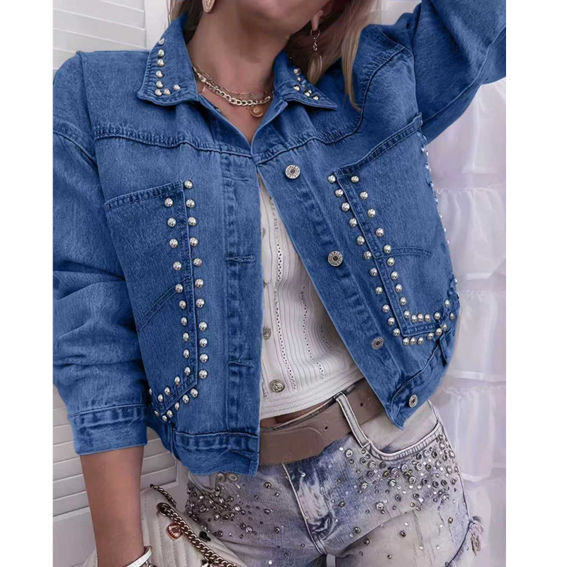 Ženska rifľová košeľa-bunda s perlami, elastický denim, dlhé rukávy, japonsko-kórejský štýl