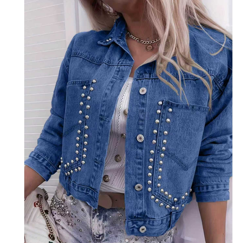 Ženska rifľová košeľa-bunda s perlami, elastický denim, dlhé rukávy, japonsko-kórejský štýl