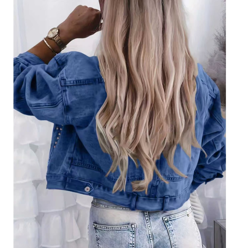 Ženska rifľová košeľa-bunda s perlami, elastický denim, dlhé rukávy, japonsko-kórejský štýl