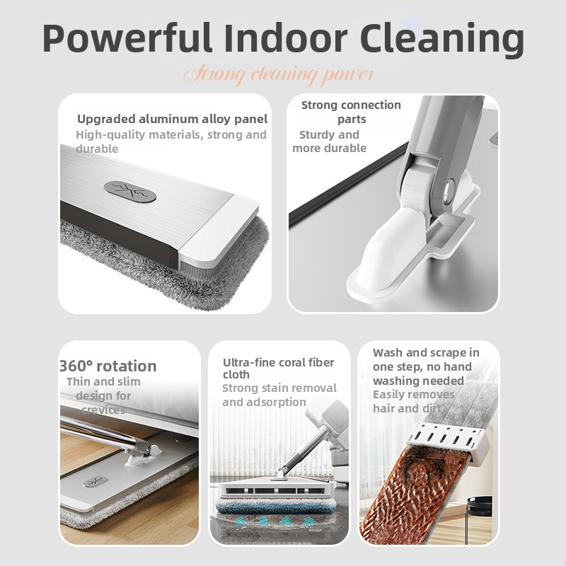 Lygus grindų šluota namų naudojimui su ultrafiniu pluoštu, nerūdijančio plieno rankena, dviguba pavara, 90–100% džiovinimas