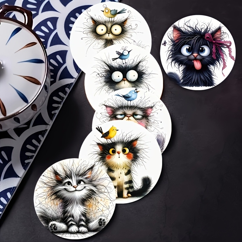 Šesťdielny set drevených podšálok na poháre s roztomilým mačacím dizajnom, odolné voči teplu, vhodné pre domov aj kaviareň