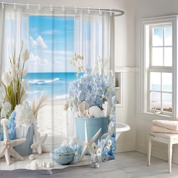 Kúpeľňový štvordielny set v námornom štýle s motívom morskej hviezdy a rastlín, polyester, potlač, tlačené logo, vlastné spracovanie