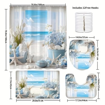 Kúpeľňový štvordielny set v námornom štýle s motívom morskej hviezdy a rastlín, polyester, potlač, tlačené logo, vlastné spracovanie