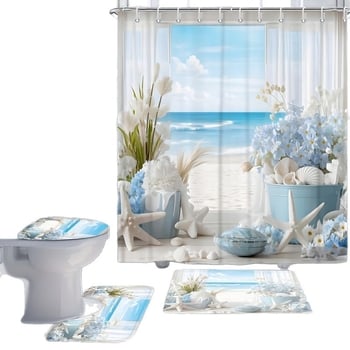 Kúpeľňový štvordielny set v námornom štýle s motívom morskej hviezdy a rastlín, polyester, potlač, tlačené logo, vlastné spracovanie