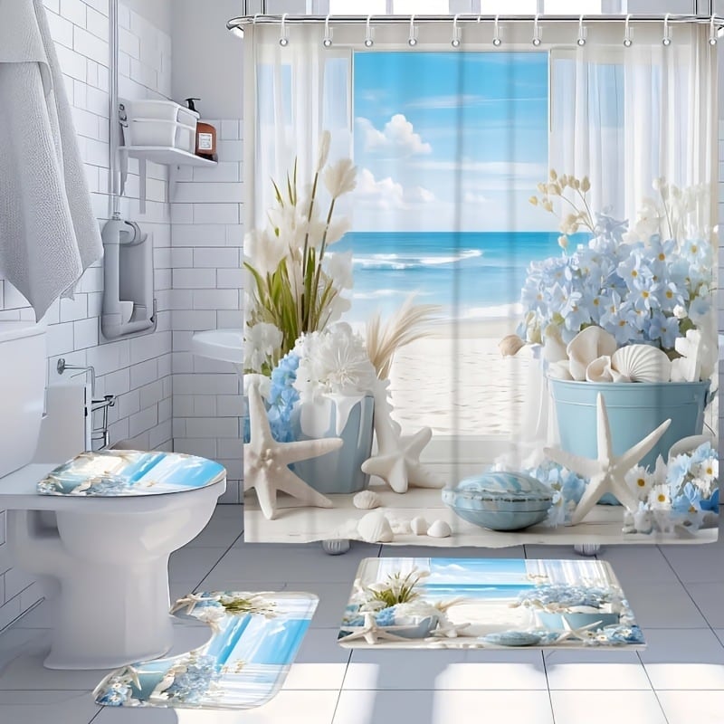 Kúpeľňový štvordielny set v námornom štýle s motívom morskej hviezdy a rastlín, polyester, potlač, tlačené logo, vlastné spracovanie